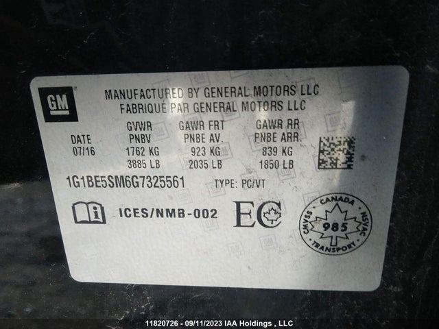 Chevrolet CRUZE LT 2016 1G1BE5SM6G7325561 Image 9