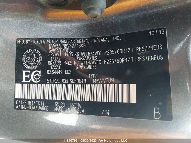 Toyota SIENNA LE 2020 5TDKZ3DC6LS050648 Image 9