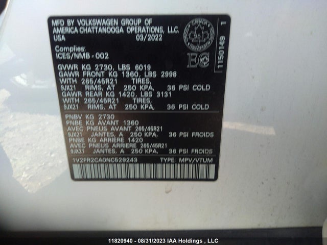 1V2FR2CA0NC529243 Volkswagen Atlas Execline