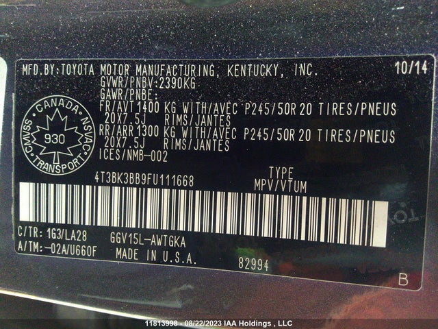 Toyota Venza 2015 4T3BK3BB9FU111668 Image 9