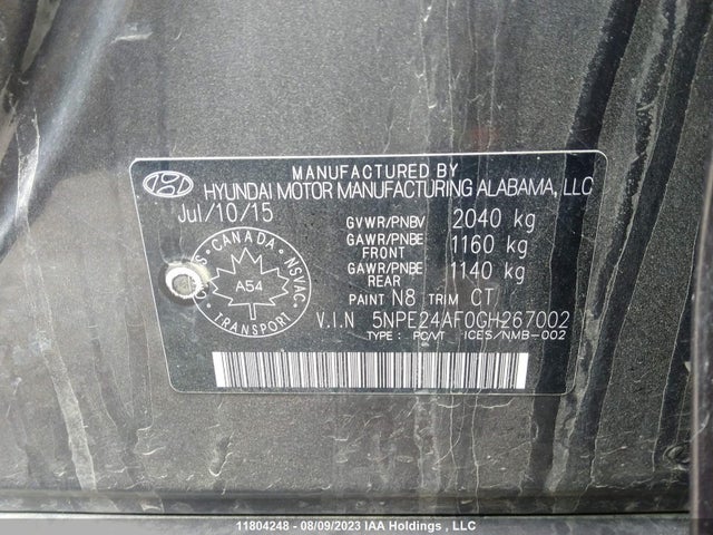 Hyundai Sonata 2.4l Gl 2016 5NPE24AF0GH267002 Image 9