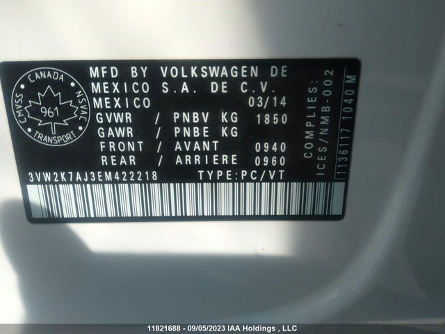 3VW2K7AJ3EM422218 Volkswagen Jetta Sedan Trendline+