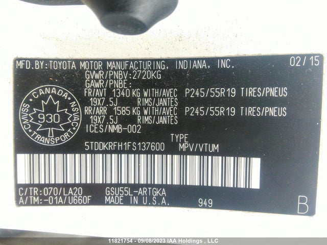 Toyota Highlander Limited 2015 5TDDKRFH1FS137600 Image 9