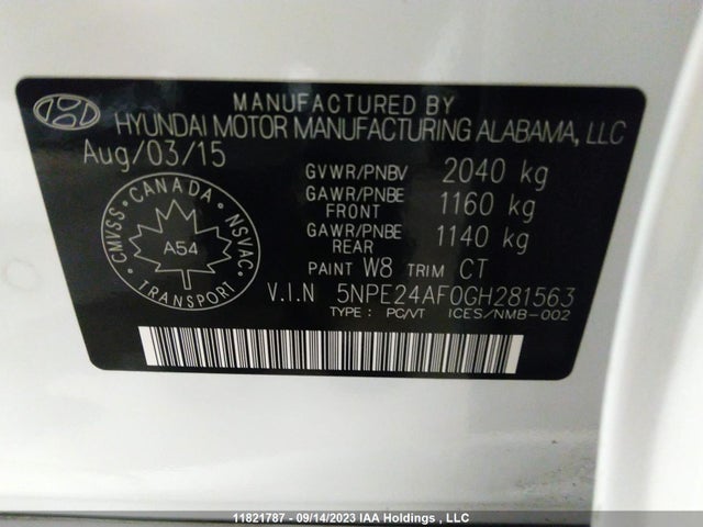 Hyundai Sonata 2.4l Gl 2016 5NPE24AF0GH281563 Image 9