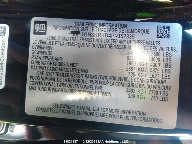 Chevrolet Tahoe 2023 1GNSKRKD4PR152335 Image 9