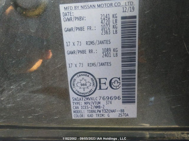 Nissan ROGUE S/SV/SL 2020 5N1AT2MVXLC769696 Image 9