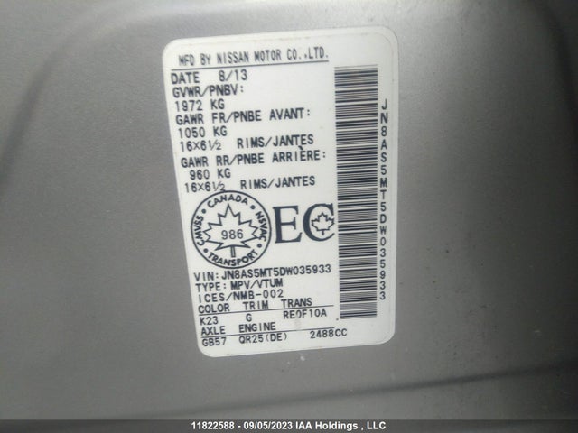 11822588 :رقم المزاد ، JN8AS5MT5DW035933 vin ، 2013 Nissan Rogue S/sv مزاد بيع