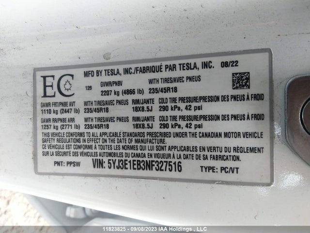 Tesla Model 3 Long Range 2022 5YJ3E1EB3NF327516 Image 9