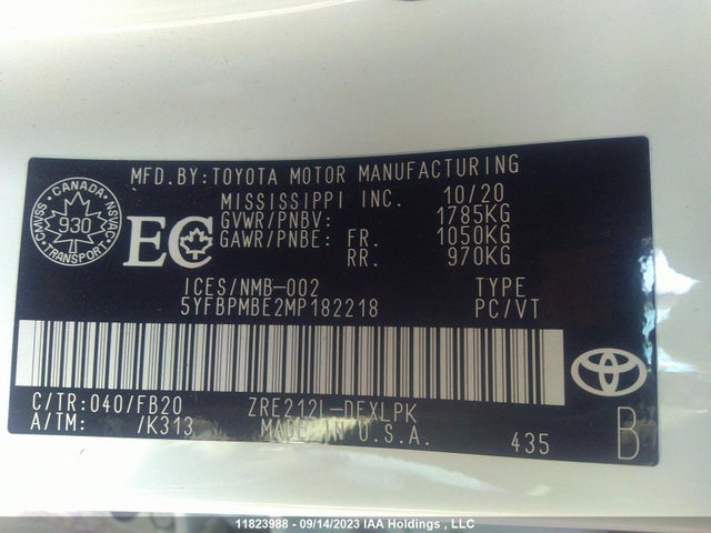 Toyota Corolla L/le/xle 2021 5YFBPMBE2MP182218 Image 9