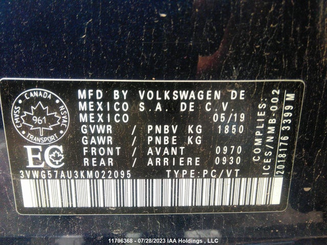 3VWG57AU3KM022095 Volkswagen GOLF S/SE