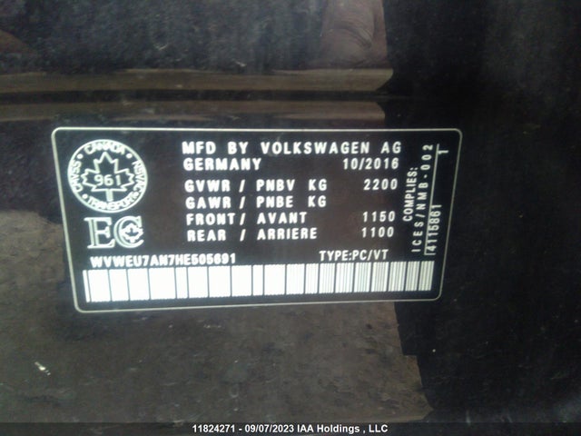 11824271 :رقم المزاد ، WVWEU7AN7HE505691 vin ، 2017 Volkswagen Cc Wolfsburg Edition مزاد بيع