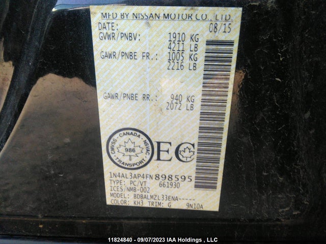 Nissan ALTIMA 2.5 2015 1N4AL3AP4FN898595 Image 9