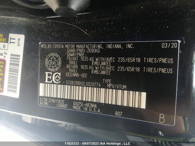 Toyota Highlander Le 2020 5TDBZRBH2LS020774 Image 9