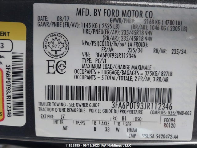Ford FUSION SE 2018 3FA6P0T93JR112346 Image 9