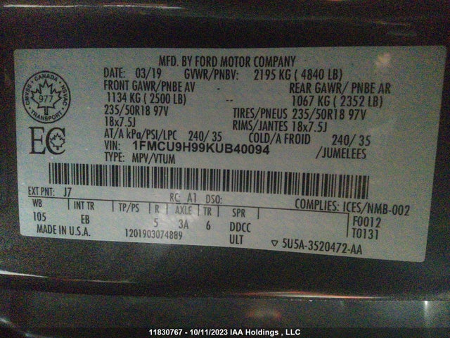 Ford ESCAPE SEL 2019 1FMCU9H99KUB40094 Image 9