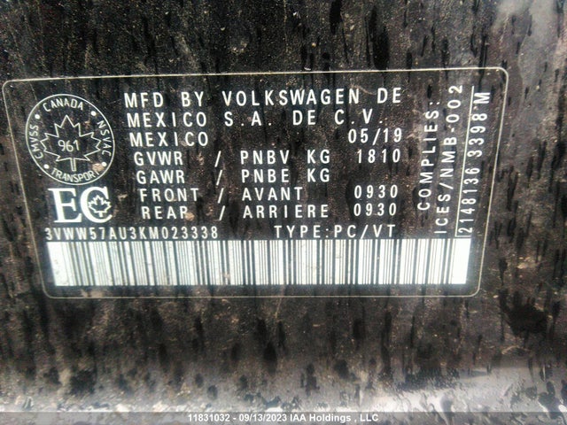 3VWW57AU3KM023338 Volkswagen Golf Comfortline/highline