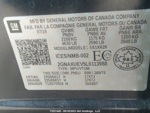 Chevrolet EQUINOX LT 2020 2GNAXUEV5L6113988 Image 9