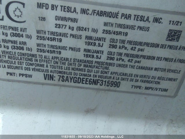 7SAYGDEE6NF315990 Tesla Model Y Long Range
