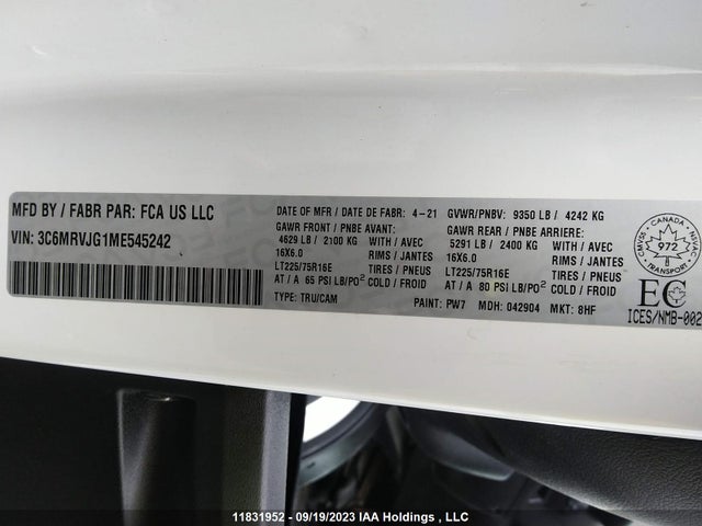 3C6MRVJG1ME545242 RAM Promaster Cargo Van