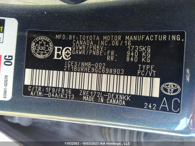 Toyota COROLLA CE/S/LE 2016 2T1BURHE9GC698903 Image 9