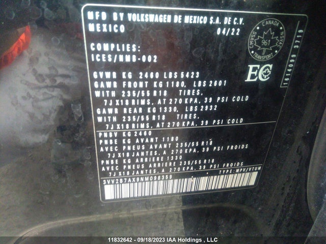 3VV2B7AX9NM098359 Volkswagen Tiguan Comfortline