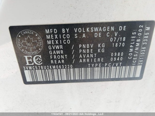 3VWC57BU2KM063220 Volkswagen Jetta Comfortline