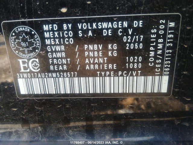 3VW017AU2HM526577 Volkswagen Golf Sportwagen S