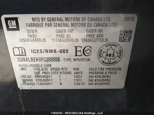 Chevrolet EQUINOX LT 2015 2GNALBEK8F6289556 Image 9