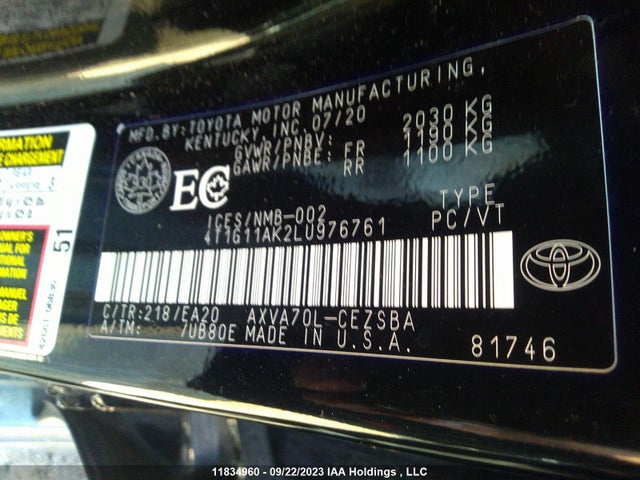 Toyota CAMRY SE 2020 4T1G11AK2LU976761 Image 9