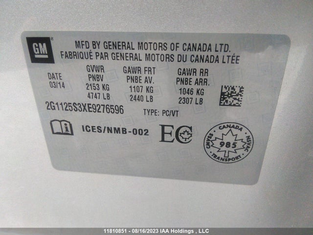 Chevrolet IMPALA LT 2014 2G1125S3XE9276596 Image 9