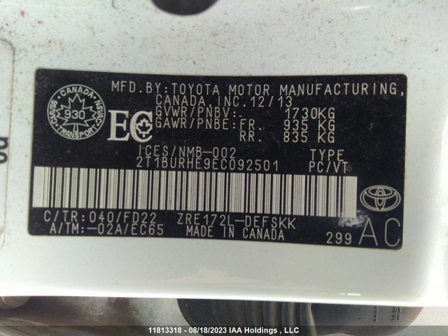 Toyota COROLLA CE/S/LE 2014 2T1BURHE9EC092501 Image 9