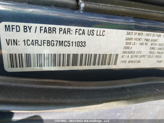 1C4RJFBG7MC511033 Jeep Grand Cherokee 80th Anniversary Edition