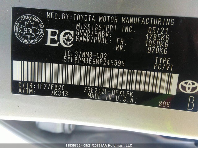 Toyota Corolla L/le/xle 2021 5YFBPMBE9MP245895 Image 9