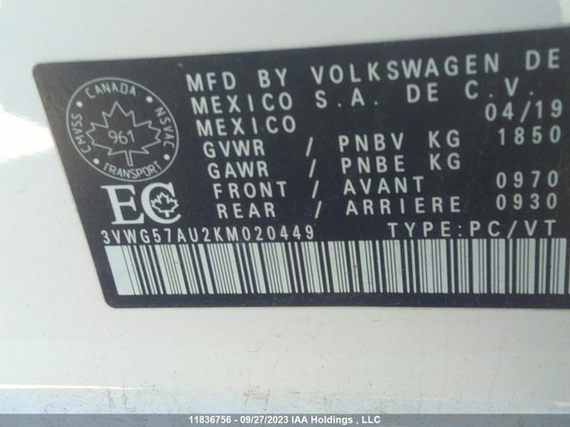 3VWG57AU2KM020449 Volkswagen Golf Comfortline/highline