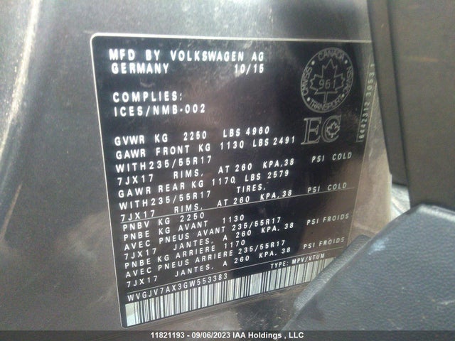 WVGJV7AX3GW553383 Volkswagen Tiguan Comfortline/highline