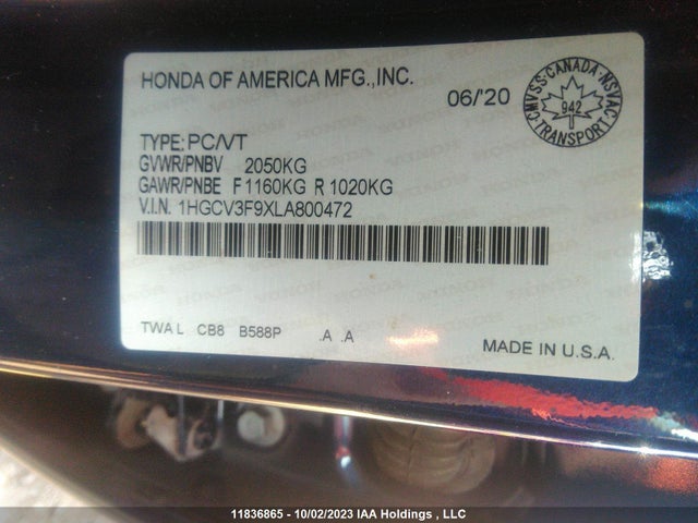 11836865 :رقم المزاد ، 1HGCV3F9XLA800472 vin ، 2020 Honda Accord Hybrid Touring مزاد بيع