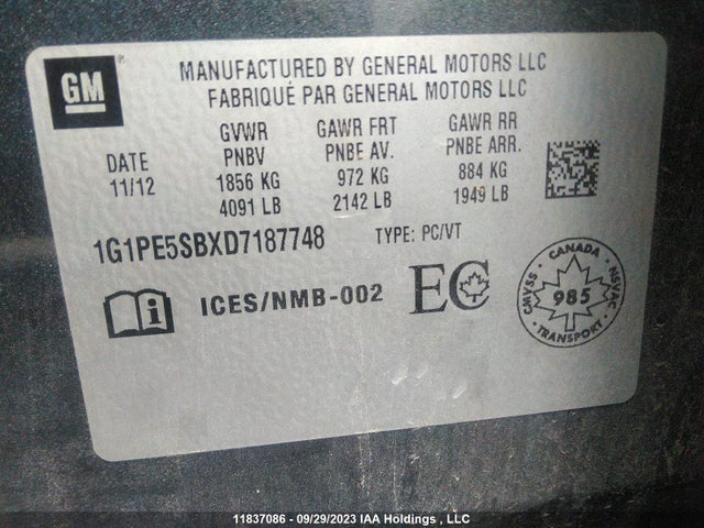 Auction sale of the 2013 Chevrolet Cruze Lt Turbo, vin: 1G1PE5SBXD7187748, lot number: 11837086