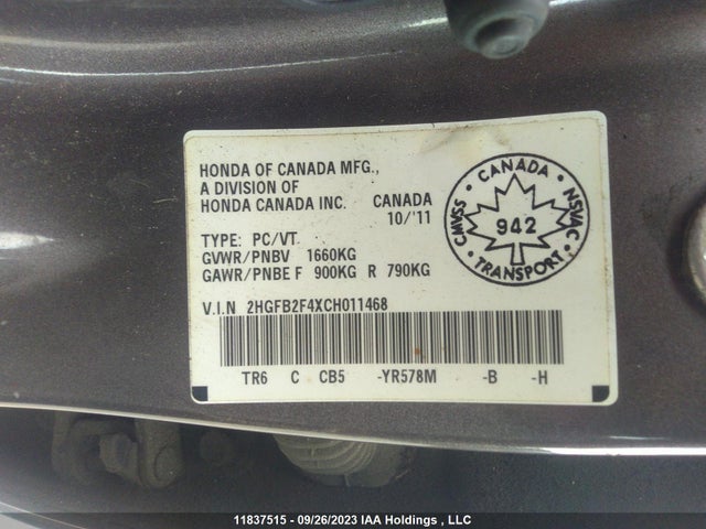 Aukcja sprzedaży 2012 Honda Civic Sdn Lx, vin: 2HGFB2F4XCH011468, numer aukcji: 11837515