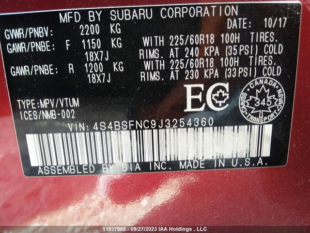 4S4BSFNC9J3254360 Subaru Outback Limited
