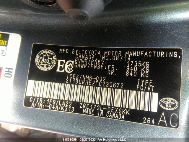 Toyota COROLLA CE/S/LE 2015 2T1BURHE2FC230672 Image 9