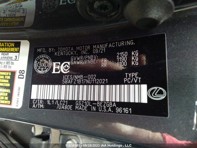 58AFZ1B17NU112021 Lexus Es Es 350