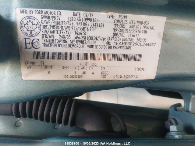 11838700 :رقم المزاد ، 1FAHP3F25CL344957 vin ، 2012 Ford Focus Se مزاد بيع