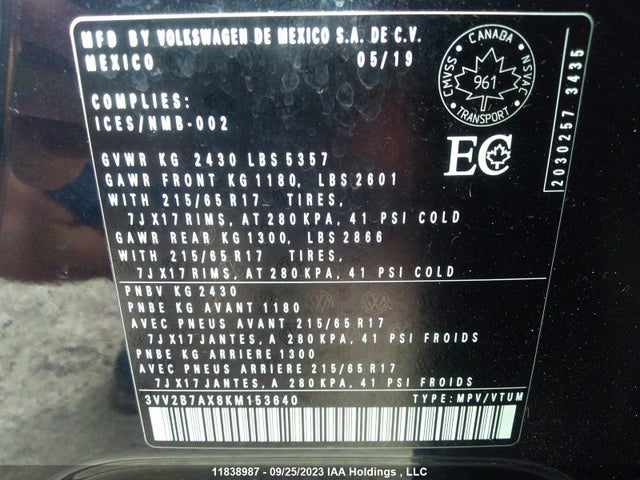 3VV2B7AX8KM153640 Volkswagen Tiguan Comfortline