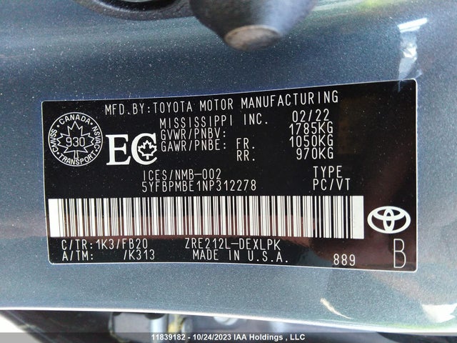Toyota Corolla L/le/xle 2022 5YFBPMBE1NP312278 Image 9