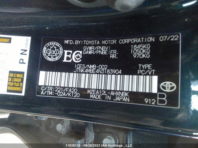 Toyota COROLLA HATCHBACK 2022 JTNK4MBE4N3183904 Image 9