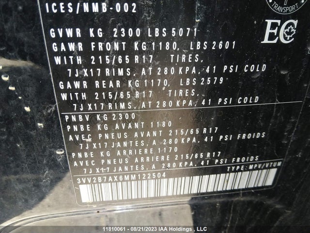 3VV2B7AX6MM122504 Volkswagen Tiguan Comfortline/united