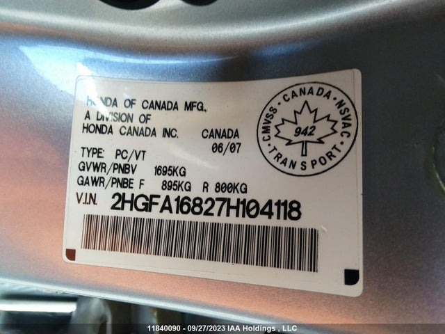 2007 Honda Civic Ex 4dr მანქანა იყიდება აუქციონზე, vin: 2HGFA16827H104118, აუქციონის ნომერი: 11840090