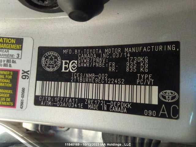 Toyota COROLLA CE/S/LE 2014 2T1BURHE9EC122452 Image 9