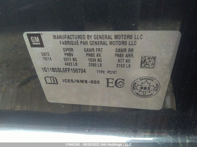 2015 Chevrolet Malibu Ls მანქანა იყიდება აუქციონზე, vin: 1G11B5SL6FF198794, აუქციონის ნომერი: 11840242