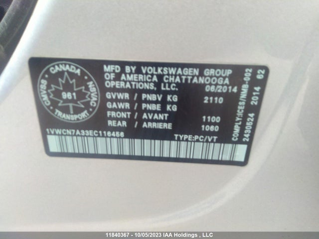 1VWCN7A33EC116456 Volkswagen Passat Tdi Sel Premium